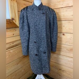 Vintage 80’s Black White Wool Long Coat Trench Women’s Size‎ 7/8 Military Rare